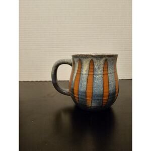 Speckled Light Blue Glazed Art Pottery Mug w Terracotta Stripes Applied Handle